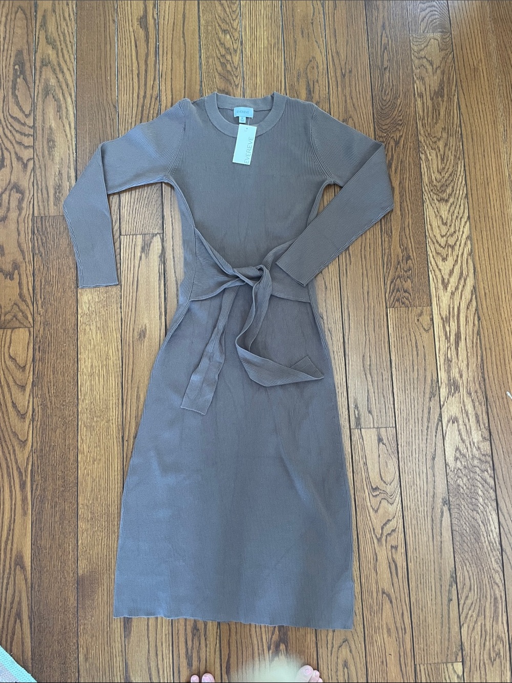 Evereve Taupe Ribbed Long Sleeve Tie-Waist Dress